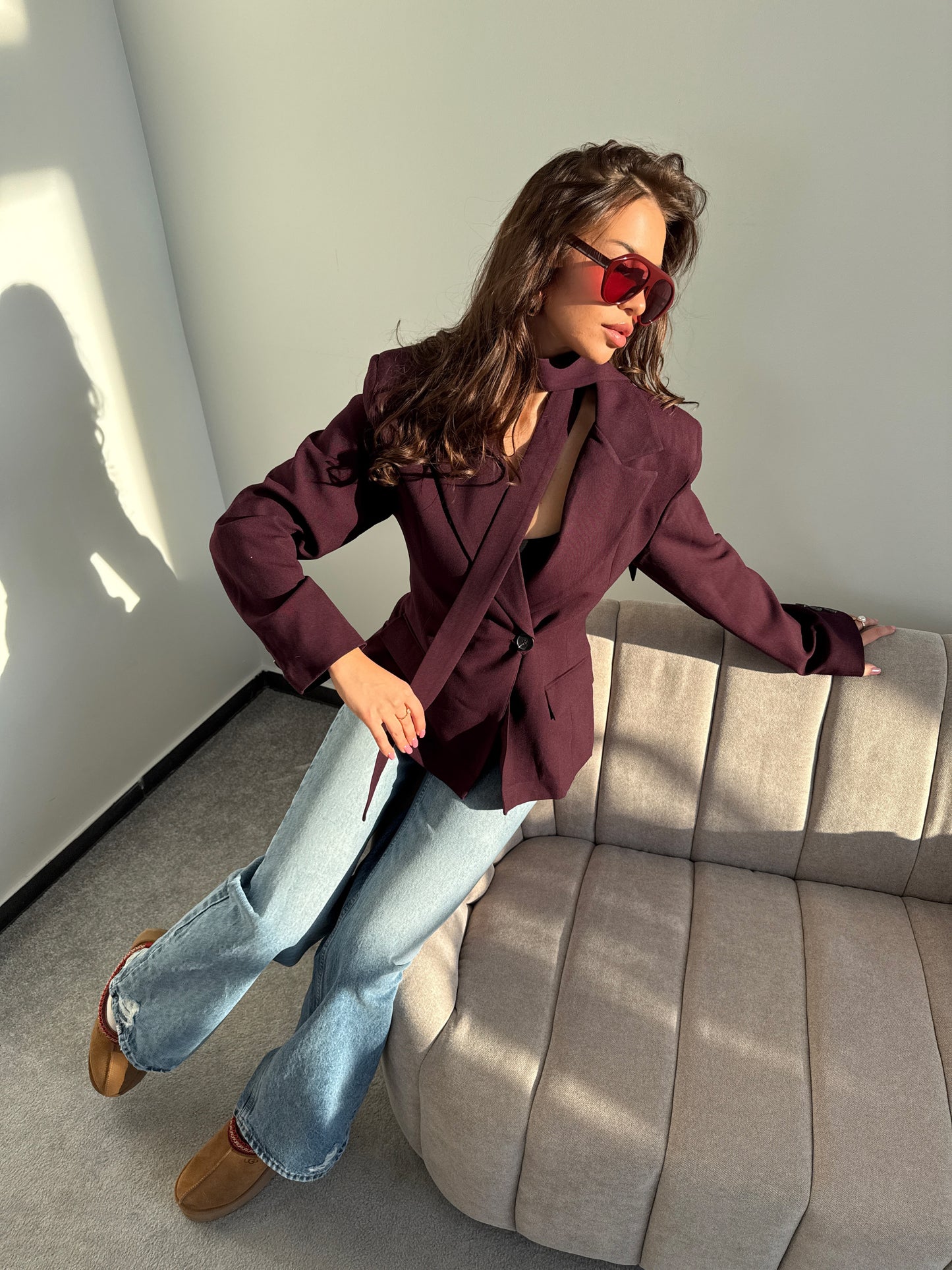 “Tailored Blazer with Strap” in Wine