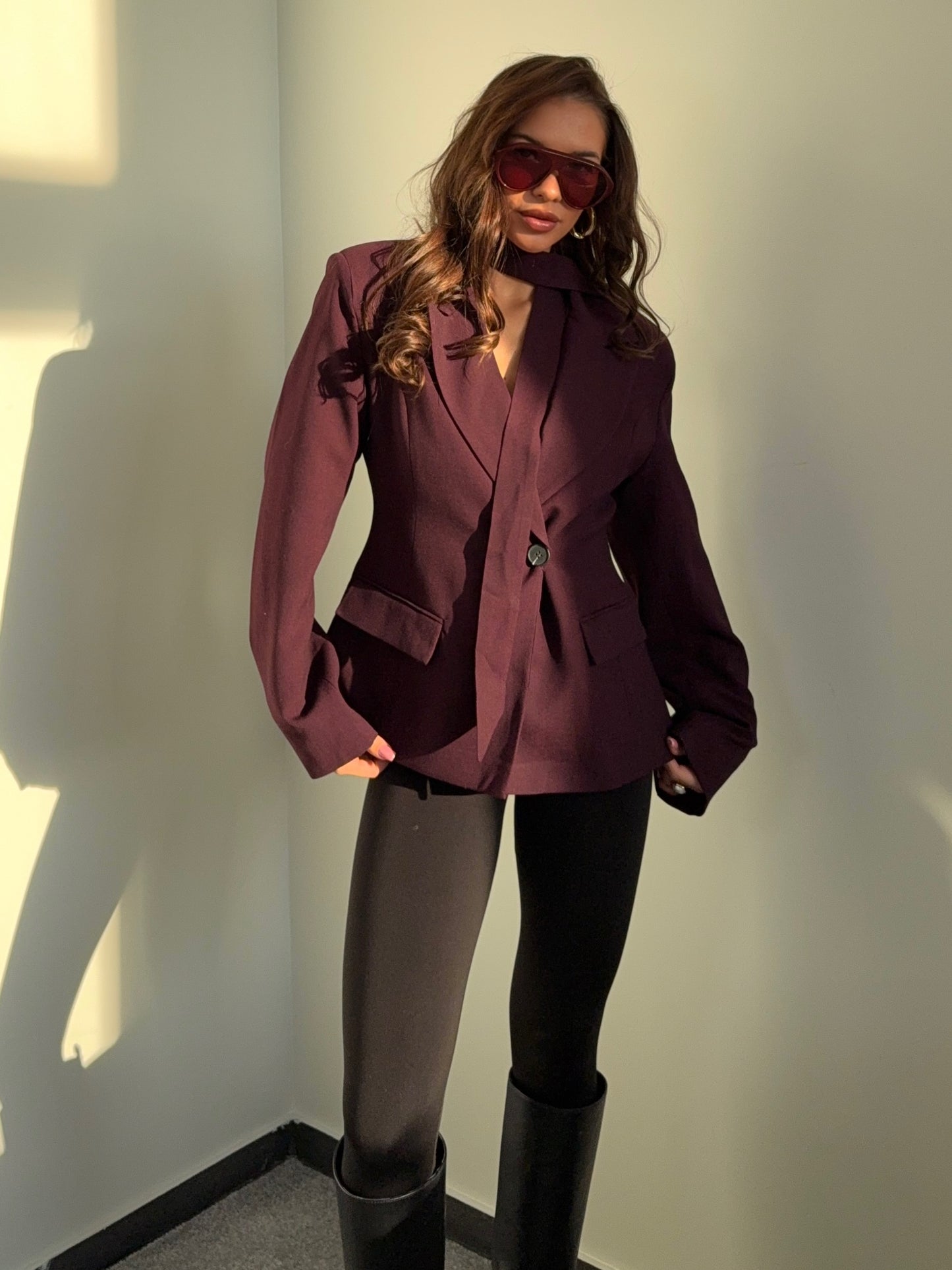 “Tailored Blazer with Strap” in Wine