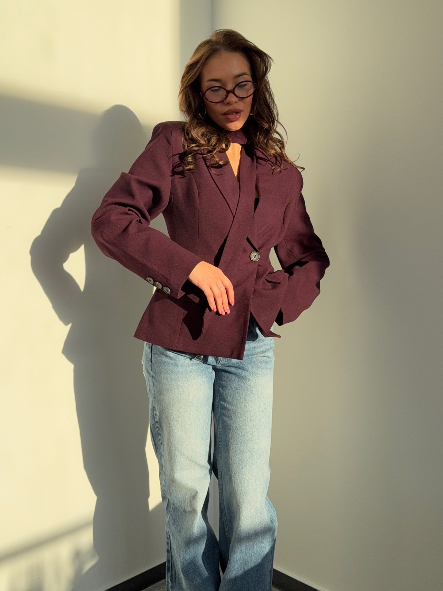 “Tailored Blazer with Strap” in Wine