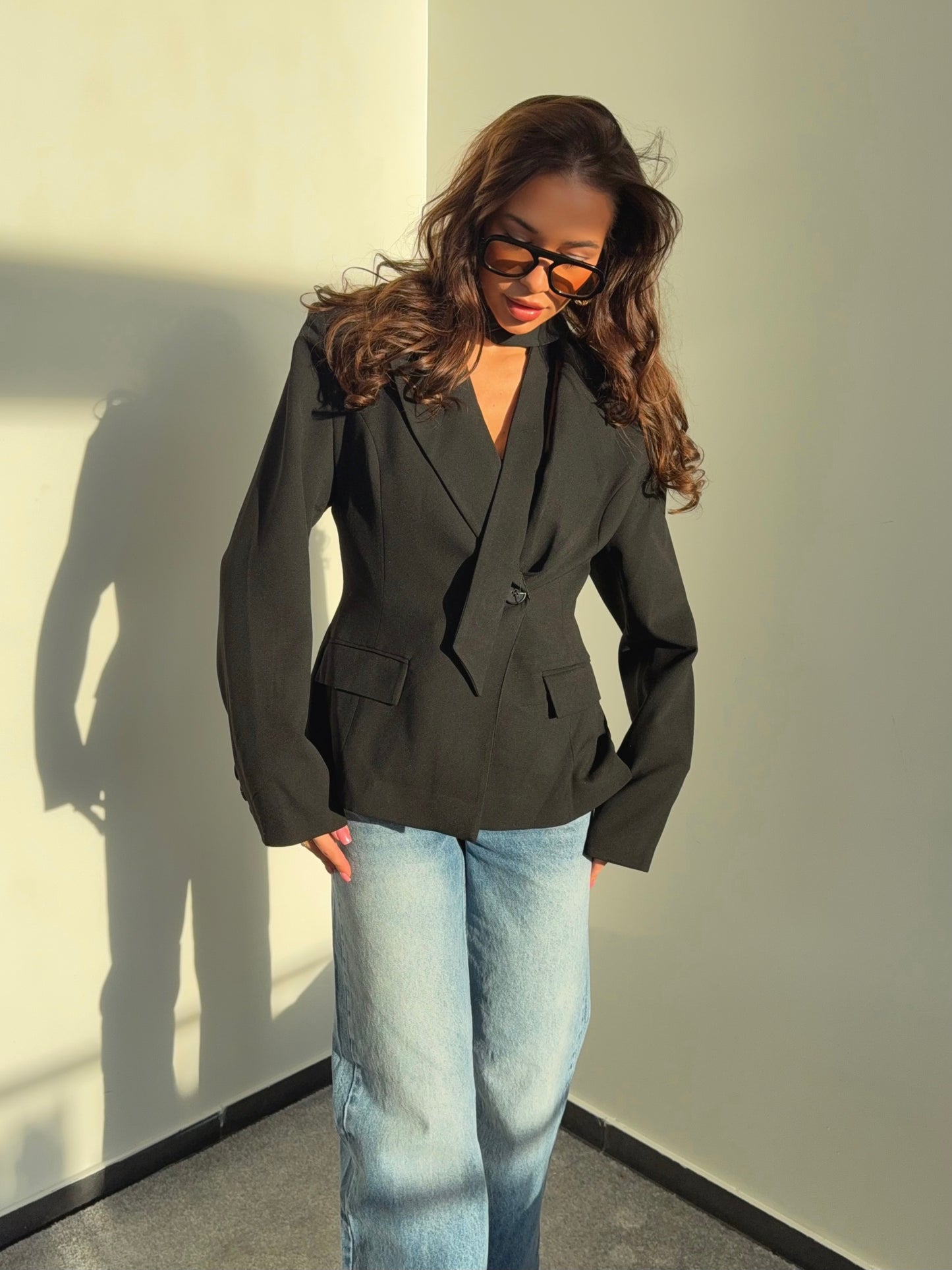 “Tailored Blazer with Strap” in Black