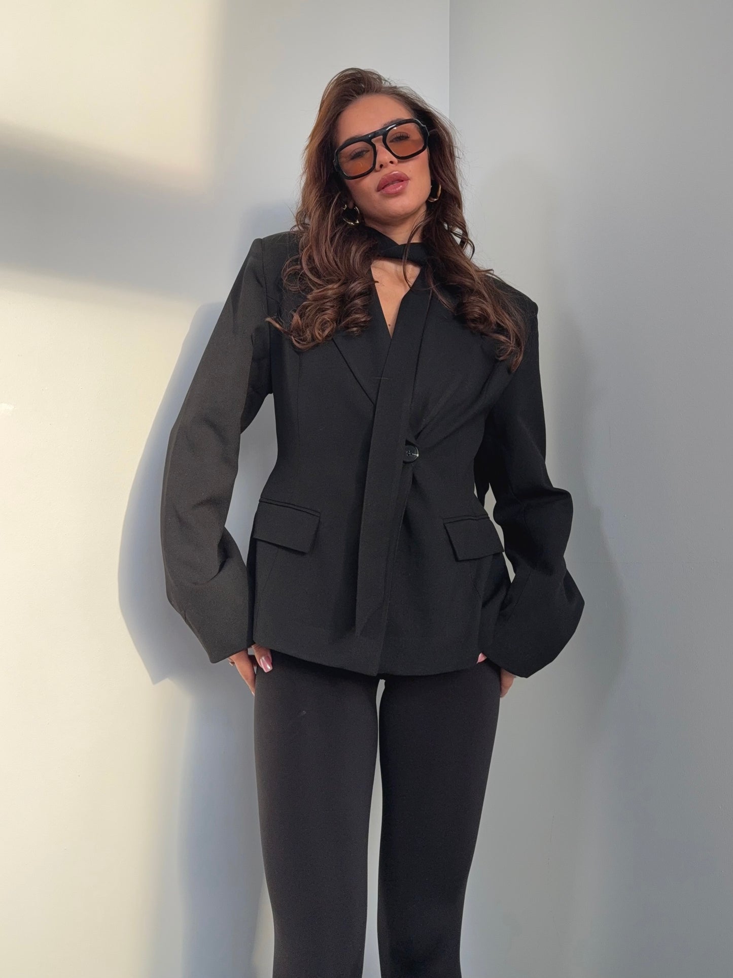 “Tailored Blazer with Strap” in Black