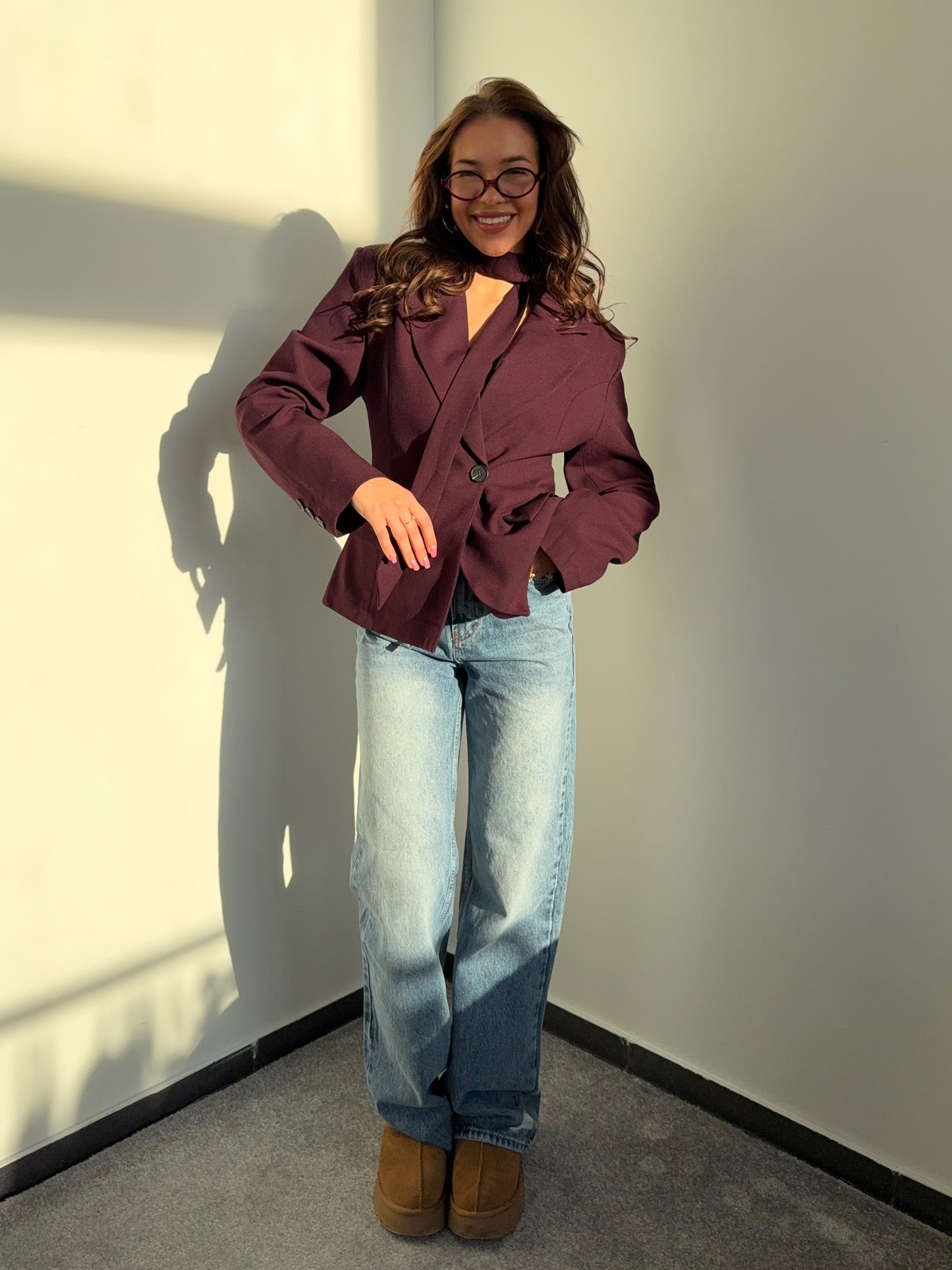 “Tailored Blazer with Strap” in Wine