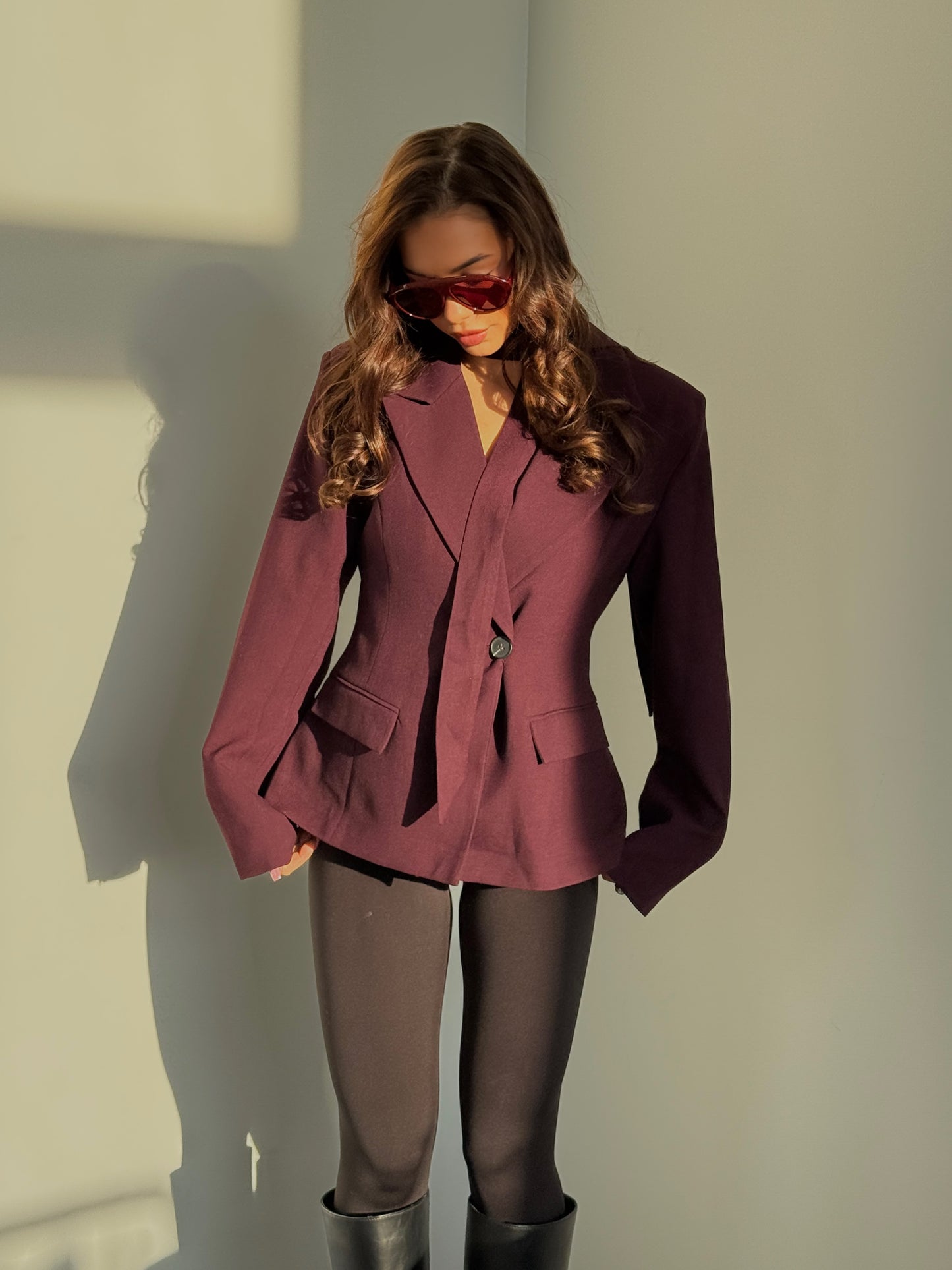 “Tailored Blazer with Strap” in Wine