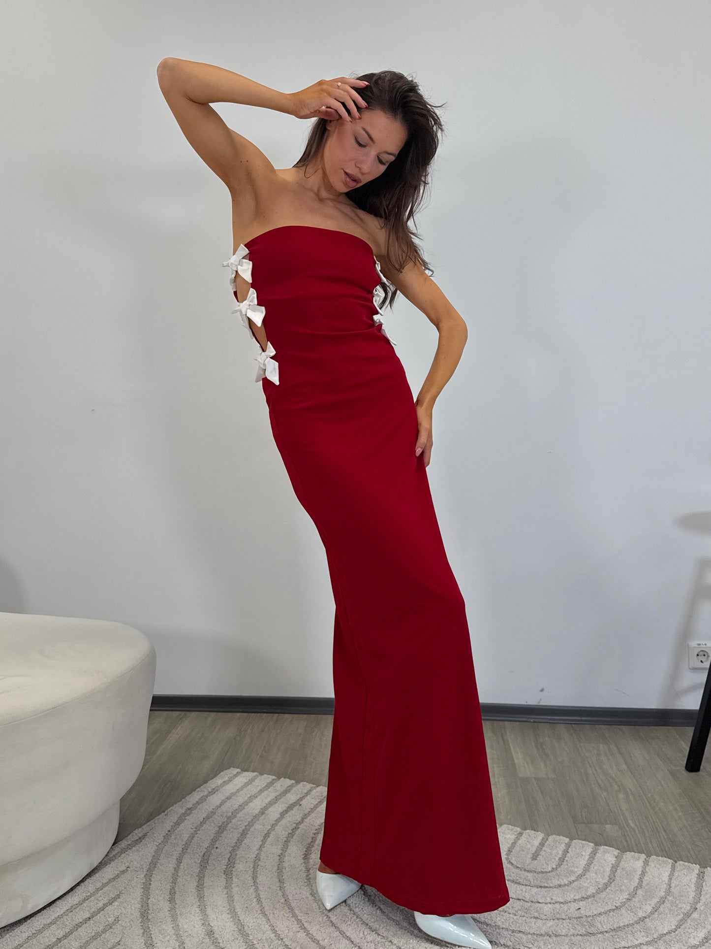 RED MAXI DRESS WITH BOWS