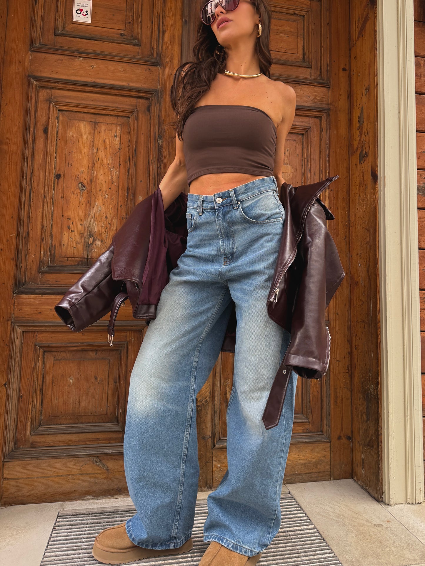 BAGGY JEANS “Brown leather pocket”