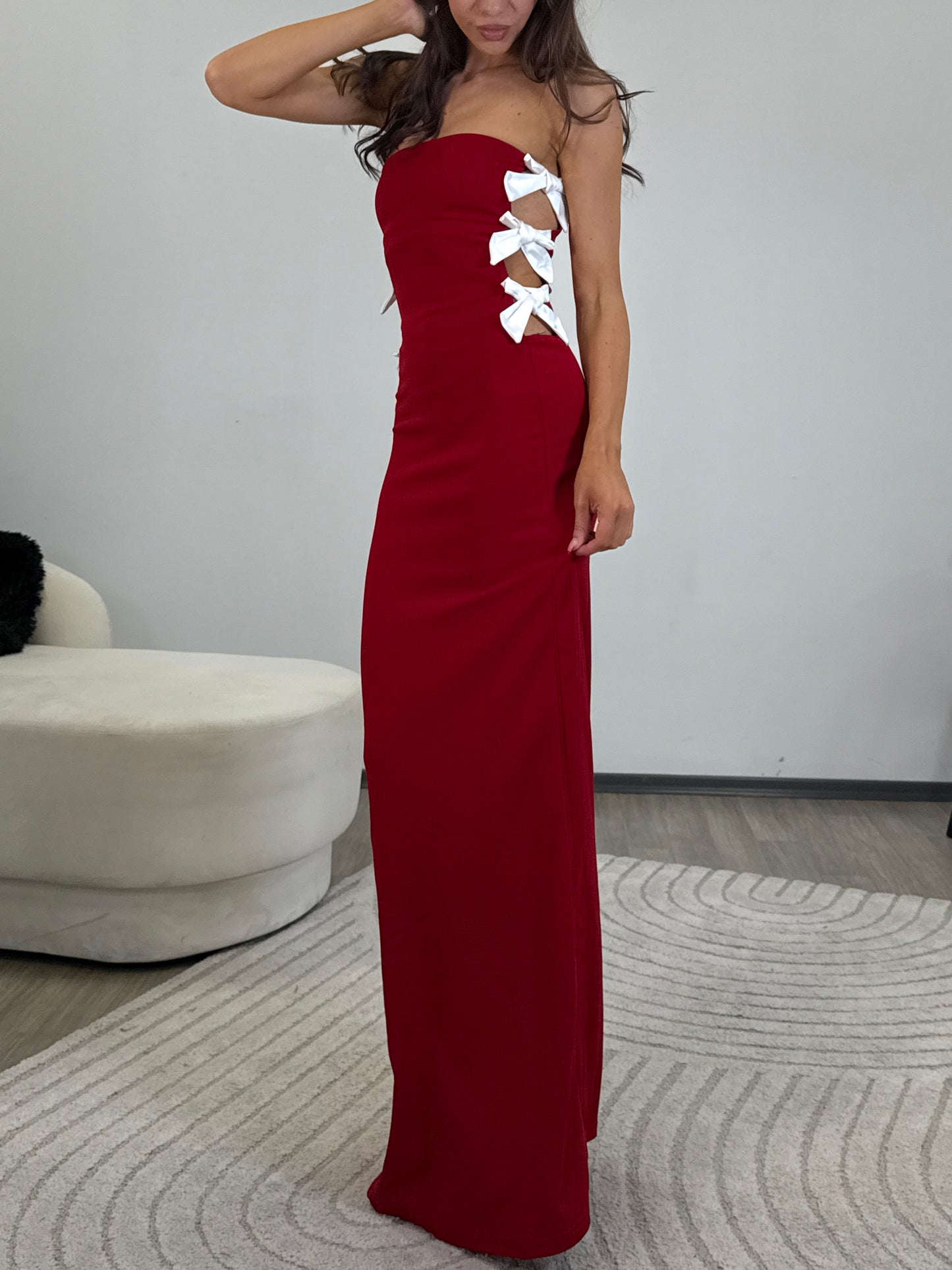 RED MAXI DRESS WITH BOWS