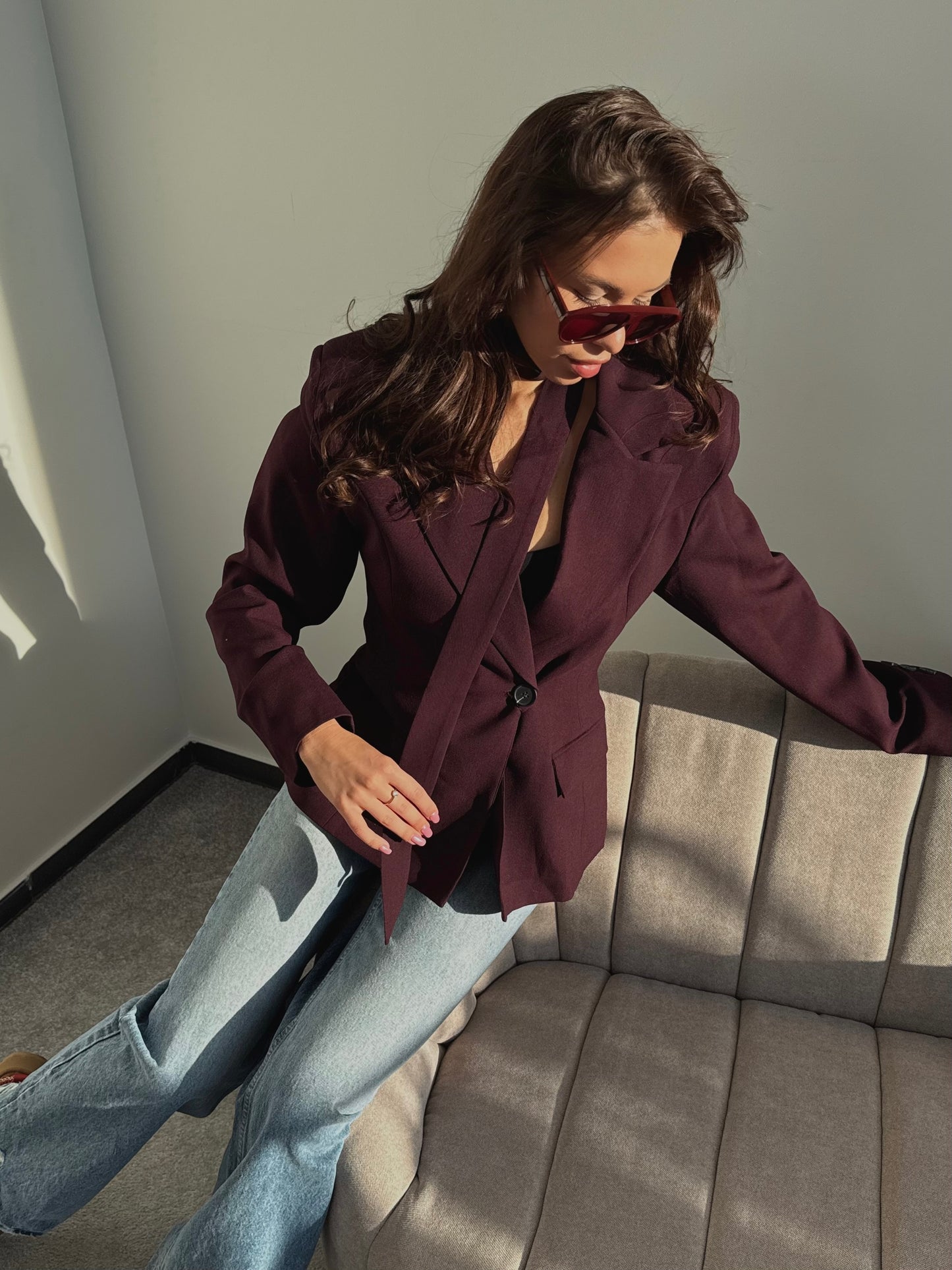 “Tailored Blazer with Strap” in Wine